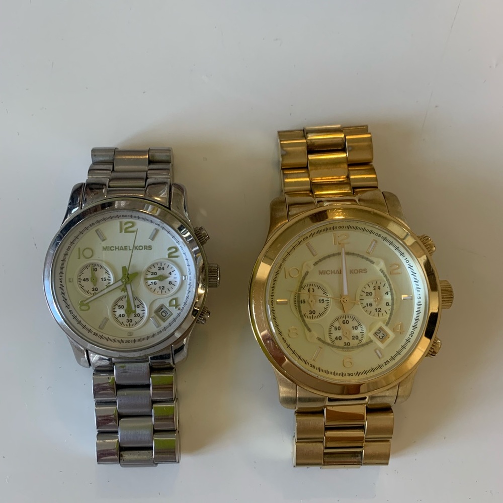 Silver MK Midsized Chronograph Watch & Gold Oversized Runway Chronograph Watch